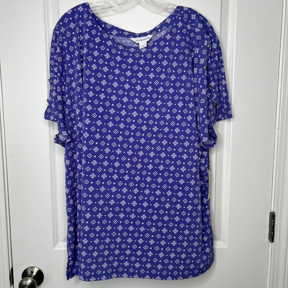 Liz Claiborne Short Sleeve Top Women's 3X Purple Boho Geometric Pattern